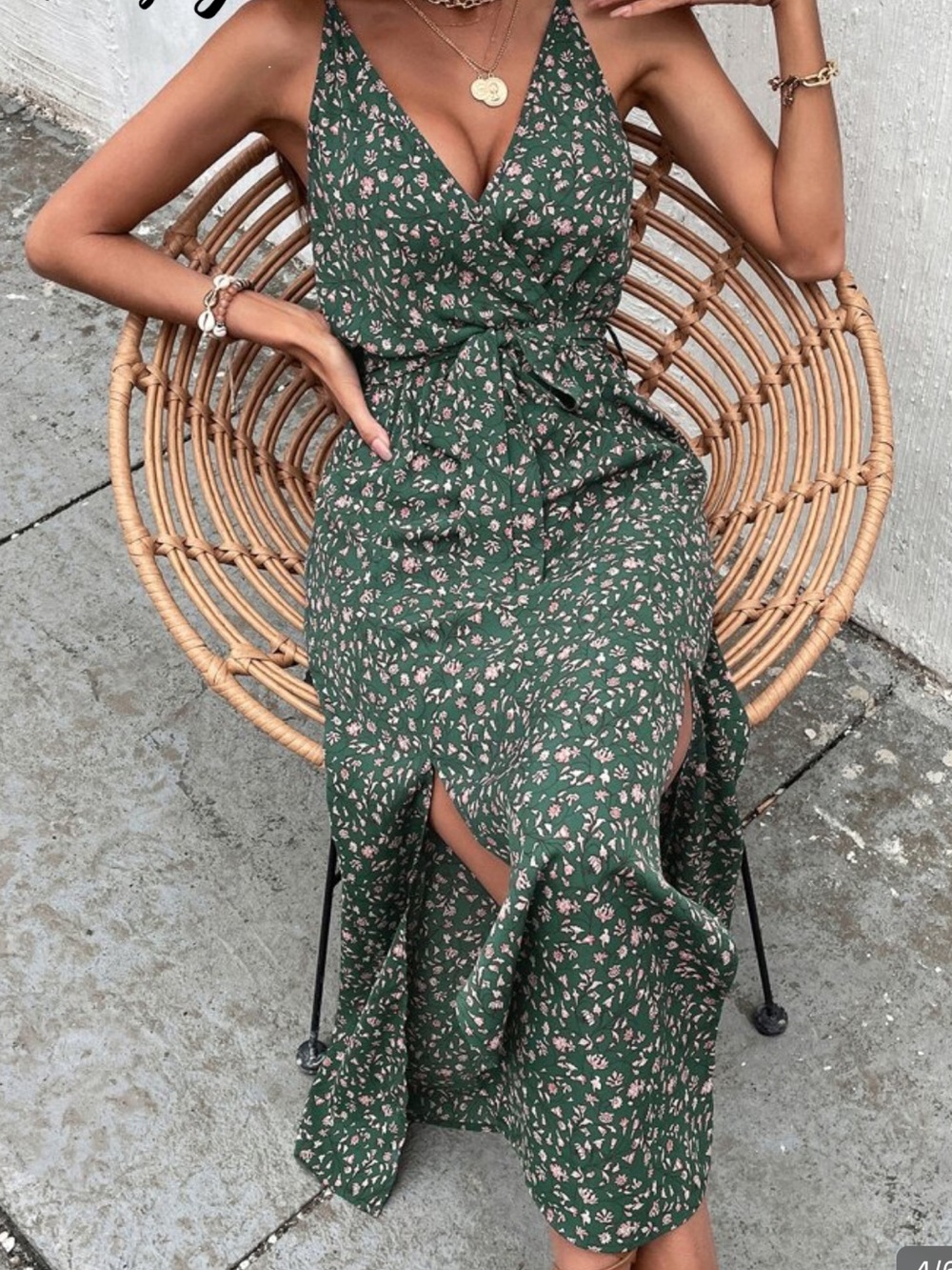 Floral Print High Slit Cami Maxi Dress | Green & Pink